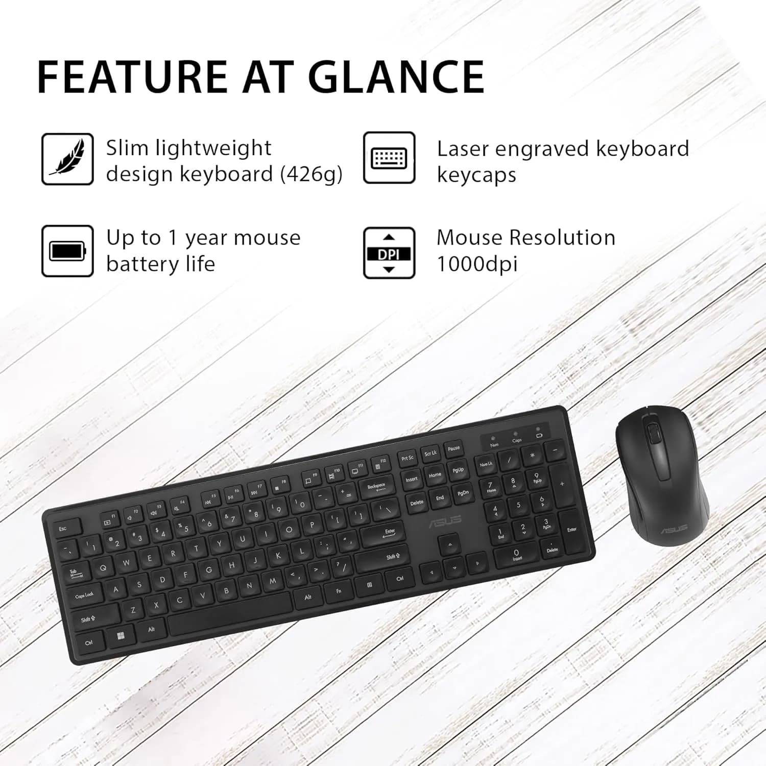 ASUS Wireless Keyboard and Mouse Set CW101, Upto 1000 Adjustable DPI,2.4 GHz Nano Receiver, Gaming