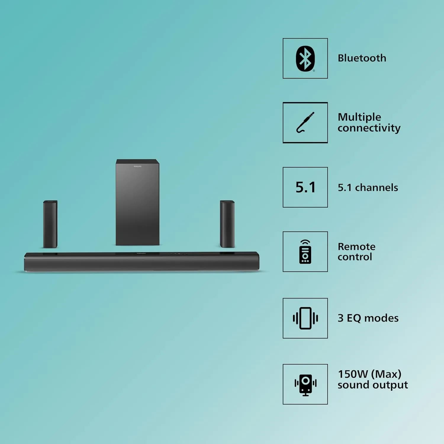 PHILIPS Audio TAB4519, 5.1CH 150W Bluetooth Soundbar with Wired Subwoofer (Black) hover view