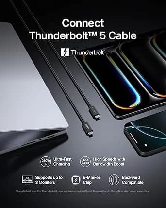 Belkin Thunderbolt 5 Cable, 120Gbps Data Transfer & 240W Charging, 1M hover view