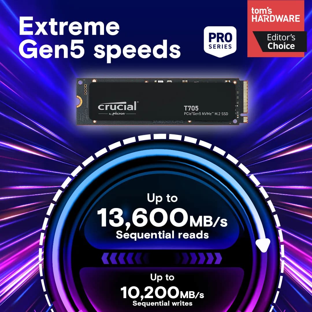 Crucial T705 1TB PCIe Gen5 NVMe M.2 SSD hover view