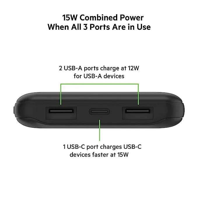 Belkin 10000 mAh Slim Power Bank with 1 USB-C and 2 USB-A Ports to Charge 3 Devices hover view