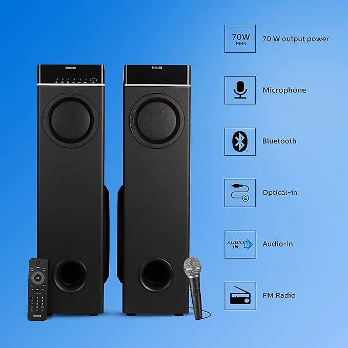 Philips Audio Spa9070 70 W Wireless, Bluetooth® Tower Speaker with Optical Input and Mic, Black hover view