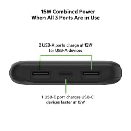 Belkin 10000 mAh Slim Power Bank with 1 USB-C and 2 USB-A Ports to Charge 3 Devices