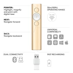Logitech Spotlight Wireless Presentation Remote, 2.4 GHz and Bluetooth, USB-Receiver, Digital Laser Pointer, 30-Meter Operating Range, Dual Connectivity, Timer, PC/Mac/Android/iOS - Gold