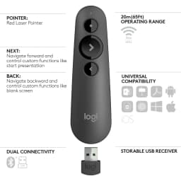 Logitech R500 Laser Presentation Remote Clicker with Dual Connectivity Bluetooth or USB for Powerpoint, Keynote, Google Slides, Wireless Presenter