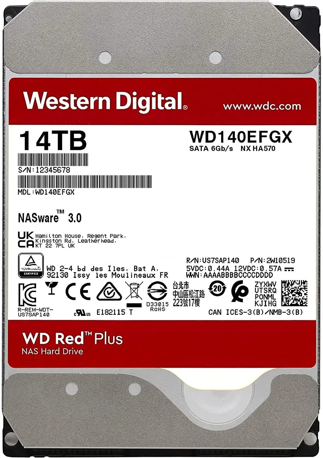Western Digital 14TB WD Red Plus NAS Internal Hard Drive HDD - 7200 RPM, SATA 6 GB/s, CMR, 512 MB Cache, 3.5"