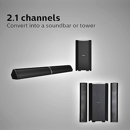 Philips Convertible Soundbar MMS8085B, 2.1 Channel with Multiple-Connectivity Option,USB in, Bluetooth Connectivity 80 Watt (Black), Superior Sound