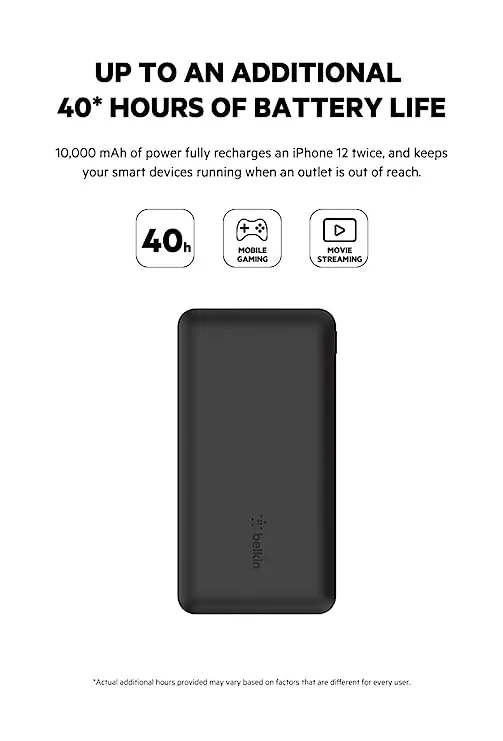 Belkin 10000 mAh Slim Power Bank with 1 USB-C and 2 USB-A Ports to Charge 3 Devices