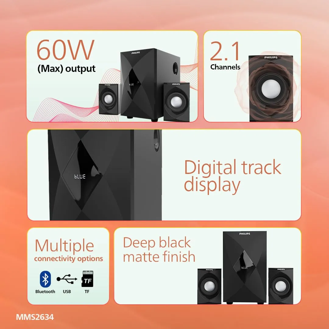 Philips MMS2634 2.1 Channel 60W Bluetooth Multimedia Speaker System - Image 2