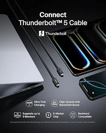 Belkin Thunderbolt 5 Cable, 120Gbps Data Transfer & 240W Charging, 1M - Image 2