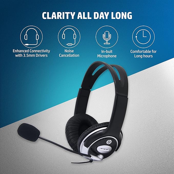 Hp Wired On Ear Headphones With Mic With 3.5 Mm Drivers, In-Built Noise Cancelling
