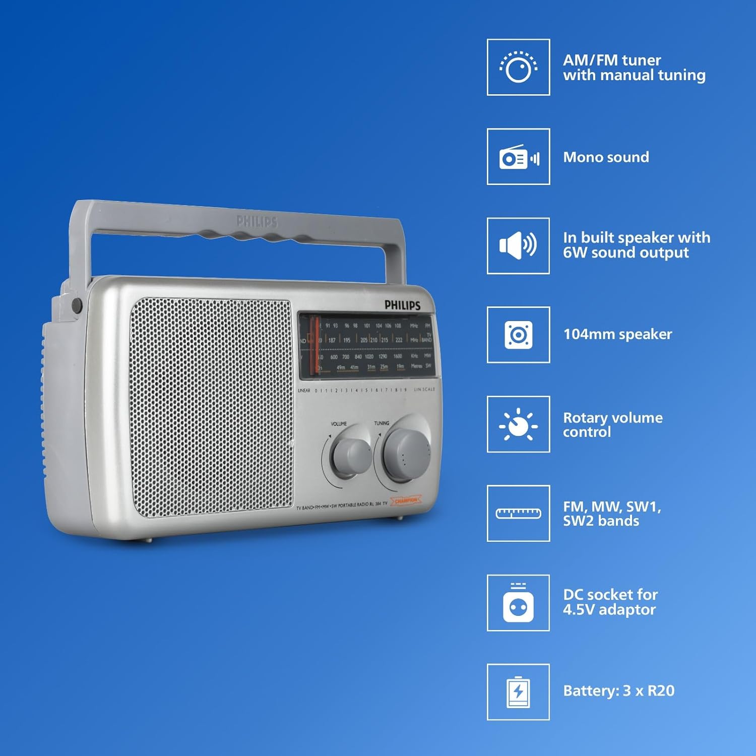 Philips Radio RL384/94 with MW/FM/SW, 500mW +1 dB RMS Sound OutpuT - Image 3