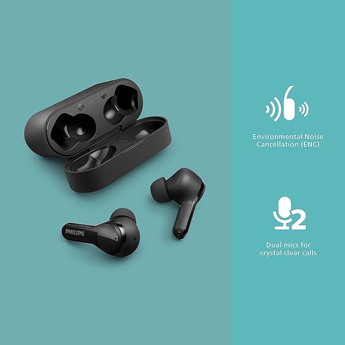 Philips Audio TAT3217BK True Wireless Earbuds with 4 Mic ENC for Crystal Clear Calling, 26 Hr Playtime, IPX5 Water Resistance | App Support, 10mm Neodymium Drivers for Rich Sound & Punchy Bas