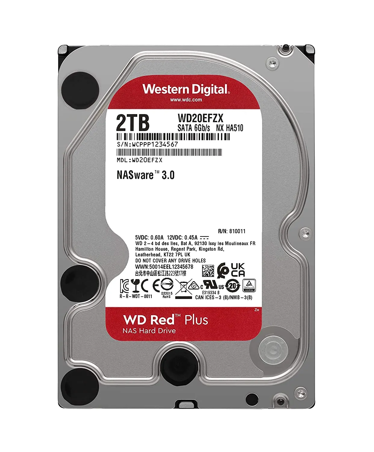 Western Digital 2TB WD Red Plus NAS Internal Hard Drive HDD - 5400 RPM, SATA 6 Gb/s, CMR, 128 MB Cache, 3.5"