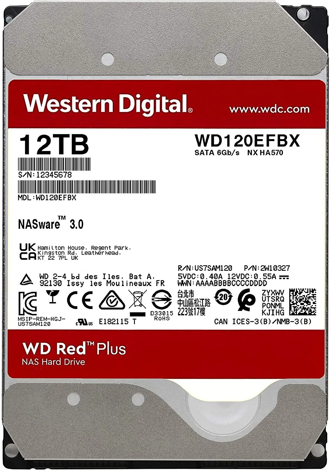 Western Digital 12TB WD Red Plus NAS Internal Hard Drive HDD - 7200 RPM, SATA 6 GB/s, CMR, 512 MB Cache, 3.5" - WD120EFBX
