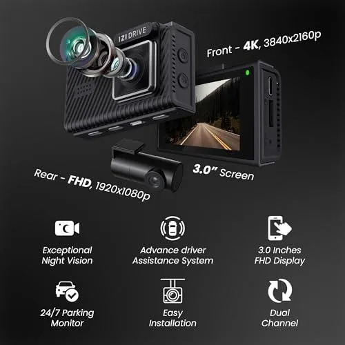 IZI Drive Plus+ 4K Dual Channel Dash Camera with GPS, 3inch HD Screen, 170 Degree Wide Angle, Night Vision, G-Sensor, WiFi, ADAS, Emergency Recording, Made for Indian Roads, Optional Car Park - Image 3