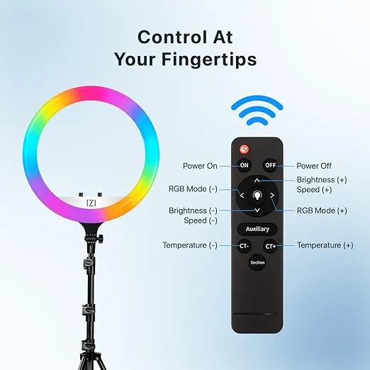 IZI Light 18 inch LED RGB Ring Light & 7ft Foldable Tripod, 28+ Multicolor Modes with Anti Skid Base for YouTube, Photo Video Shoots, Live Streaming, Makeup, iPhone/Android Phone & Camera Com