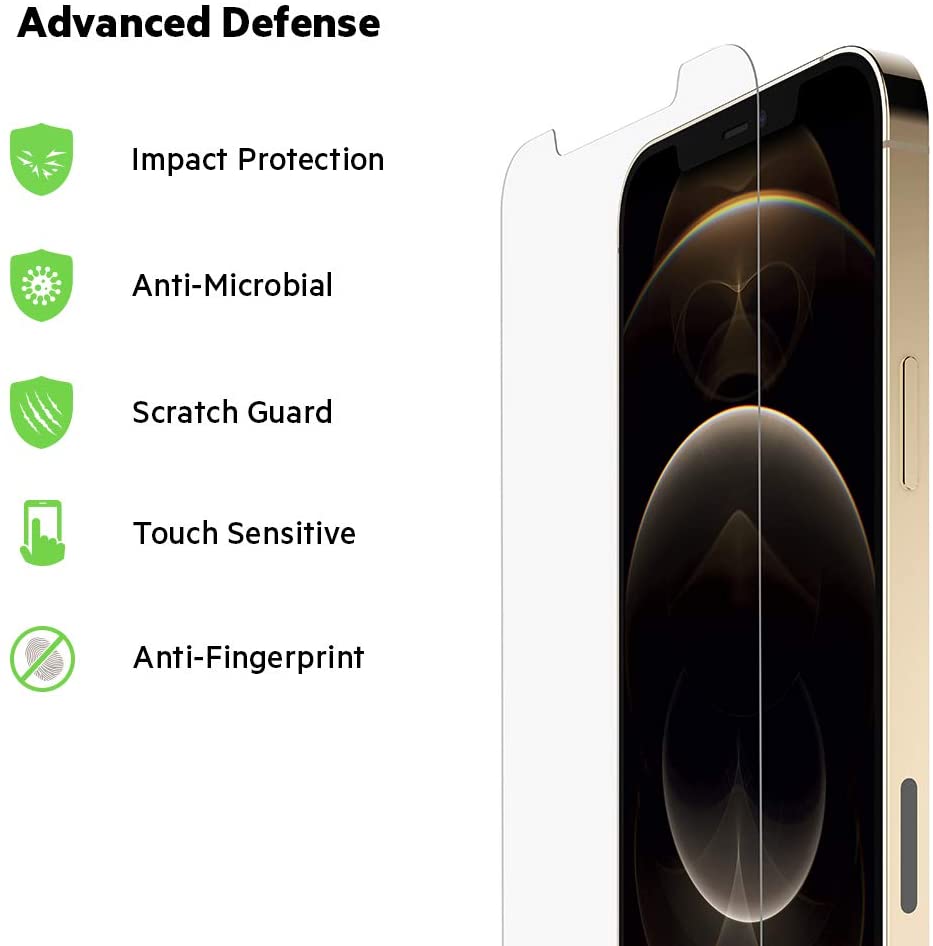 Belkin iPhone 12 Pro Max Screen Protector TemperedGlass Antimicrobial-Treated, Clear