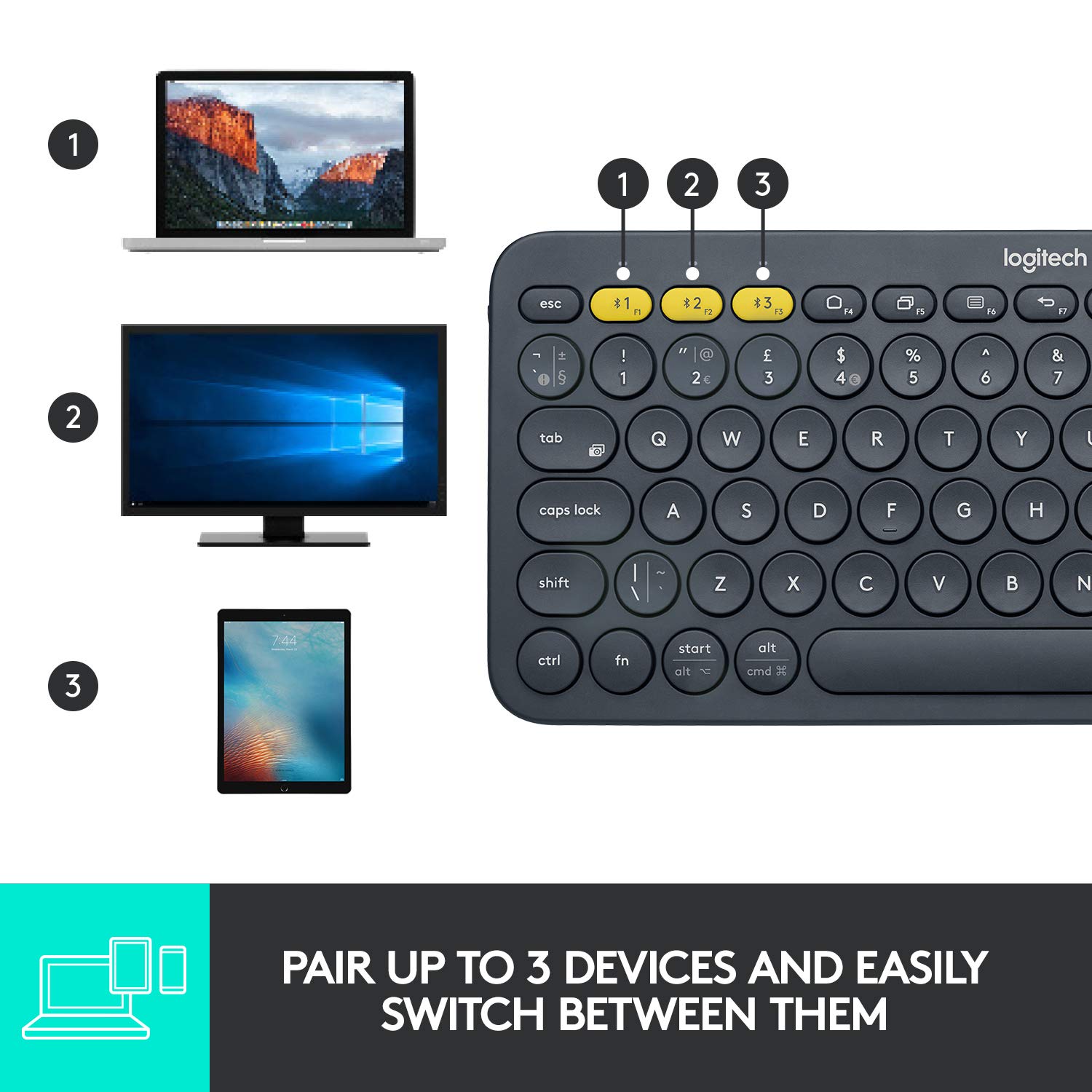 Logitech K380 Wireless Multi-Device Bluetooth Keyboard for Windows, Apple iOS, Apple TV, Android or Chrome, for PC/Mac/Laptop/Smartphone/Tablet(Dark Grey)