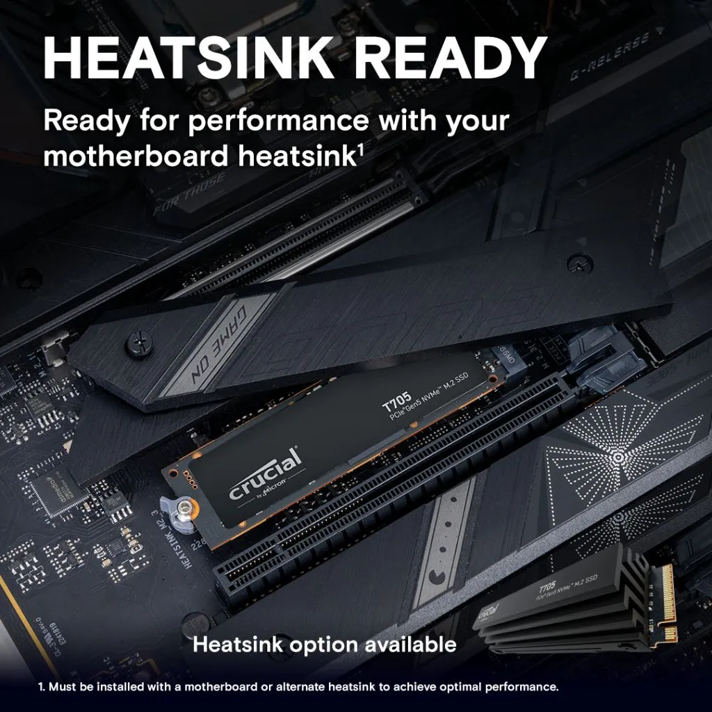 Crucial T705 2TB PCIe Gen5 NVMe M.2 SSD with heatsink