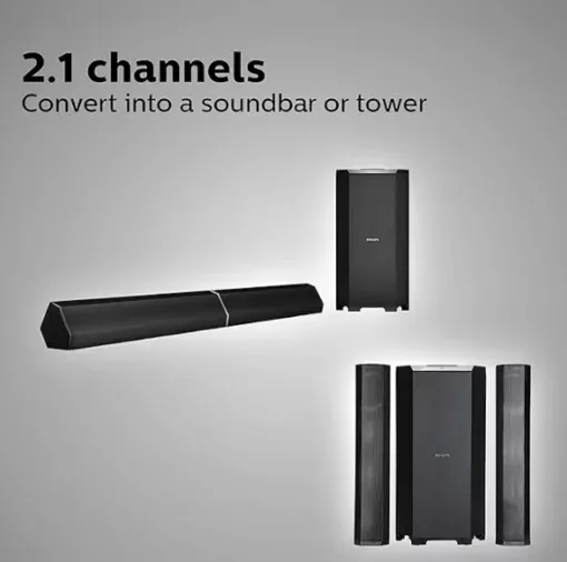 Philips Convertible Soundbar MMS8090B/94 2.1 Channel 80W, Optical-Connectivity Option with Supporting USB, AUX, FM & Remote Control