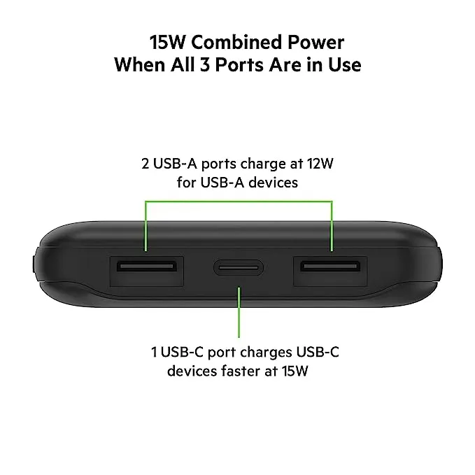 Belkin 10000 mAh Slim Power Bank with 1 USB-C and 2 USB-A Ports to Charge 3 Devices