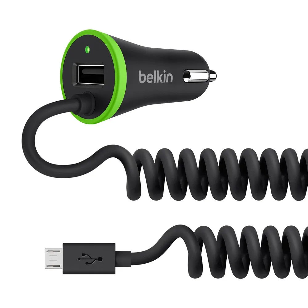 Belkin Boost Up Dual Port USB Car Charger with Coiled Micro USB Cable (4 Foot) - Black