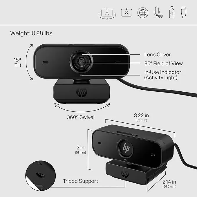 HP 430 FHD Webcam - USB, Plug & Play External Camera with Dual Mics & Privacy Shutter for Desktop Computer, Laptop PC, & Chromebook - Compatible