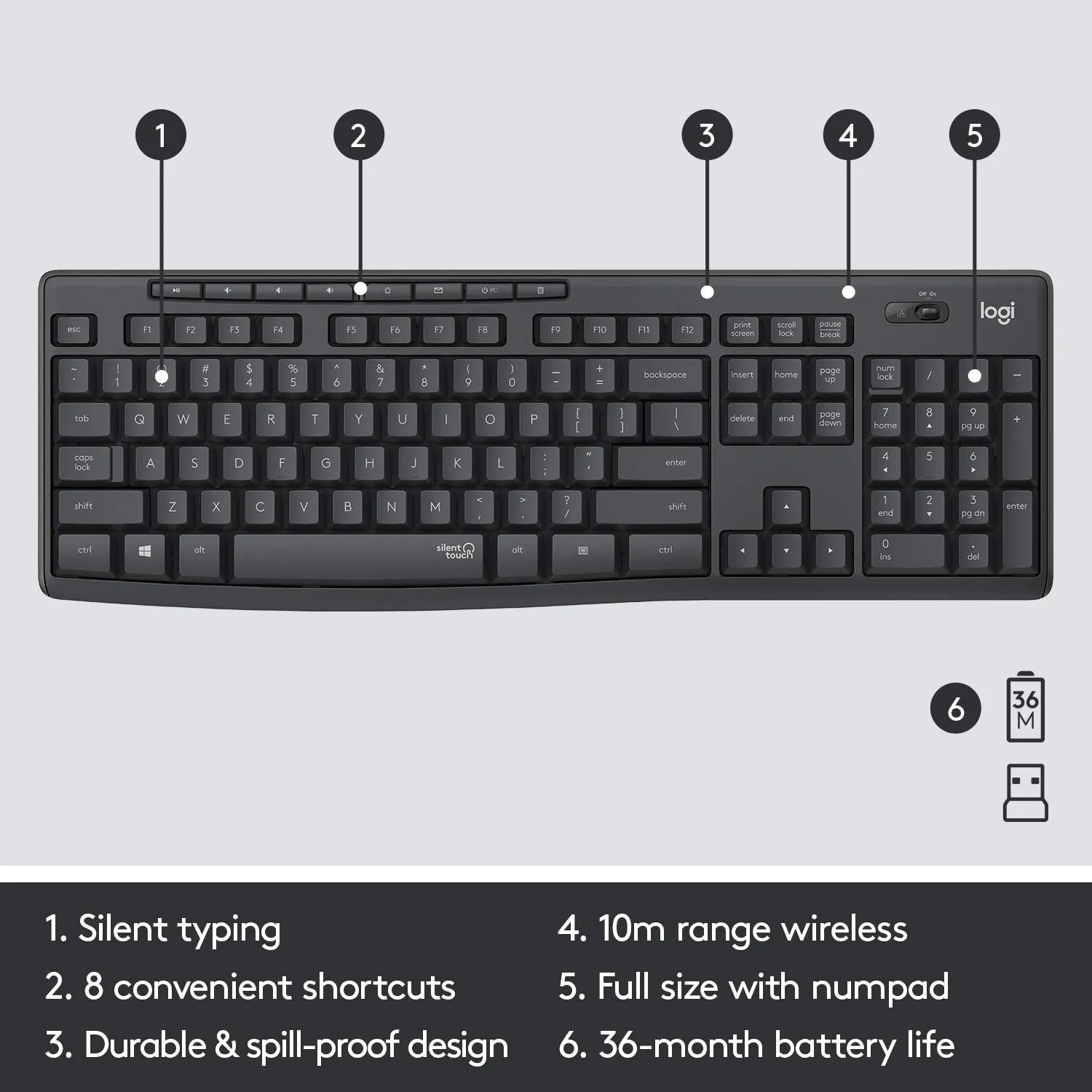 Logitech MK295 Wireless Keyboard and Mouse Combo - SilentTouch Technology, Full Number Keyboard, Shortcut Buttons, Nano USB Receiver, 90% Less Noise - Black