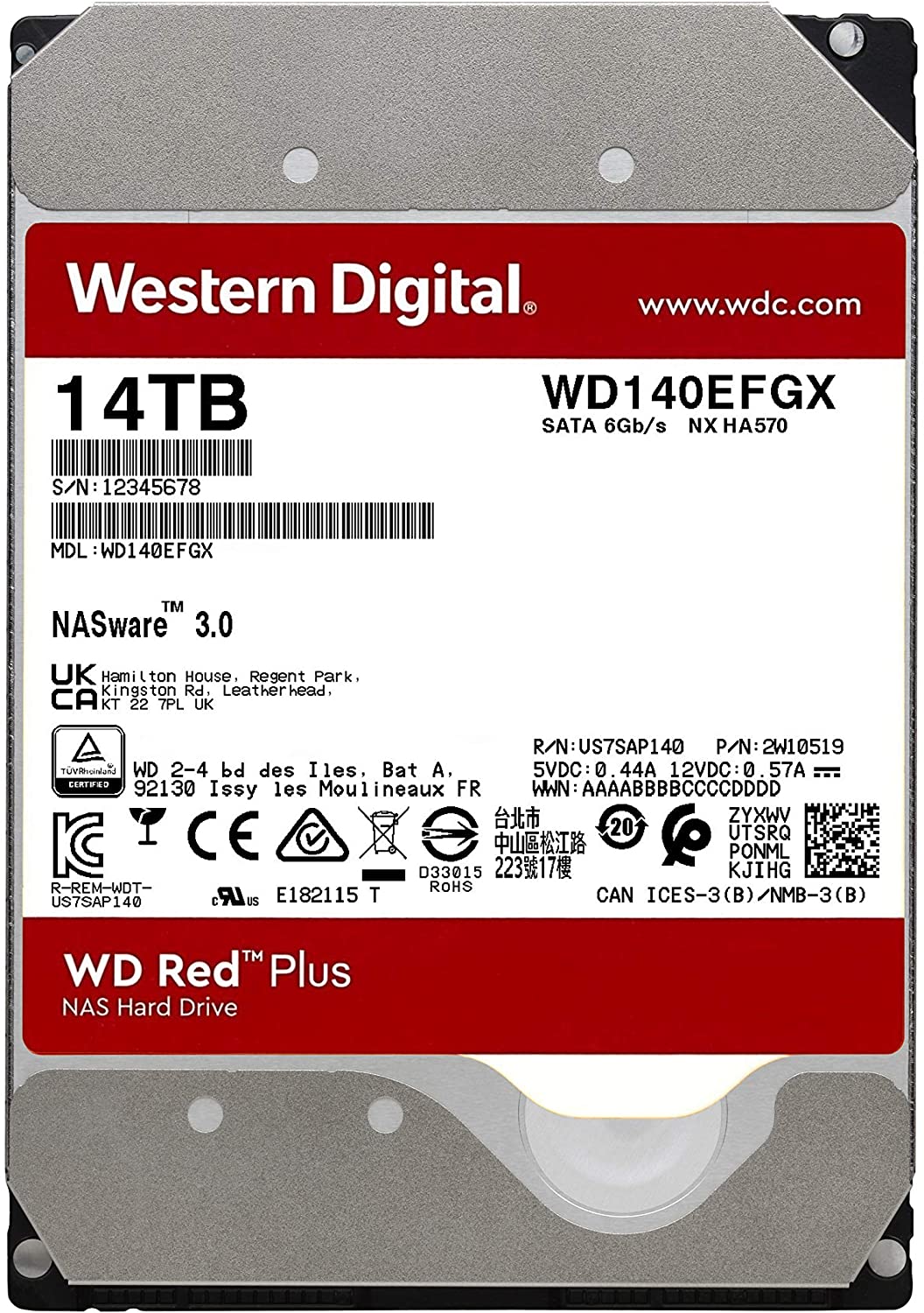 Western Digital 14TB WD Red Plus NAS Internal Hard Drive HDD - 7200 RPM, SATA 6 GB/s, CMR, 512 MB Cache, 3.5"