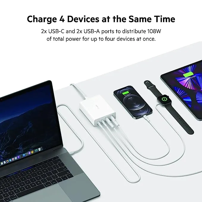BELKIN 108 W GaN 3.1 A Multiport Mobile WCH010zbWH Charger With Detachable Cable