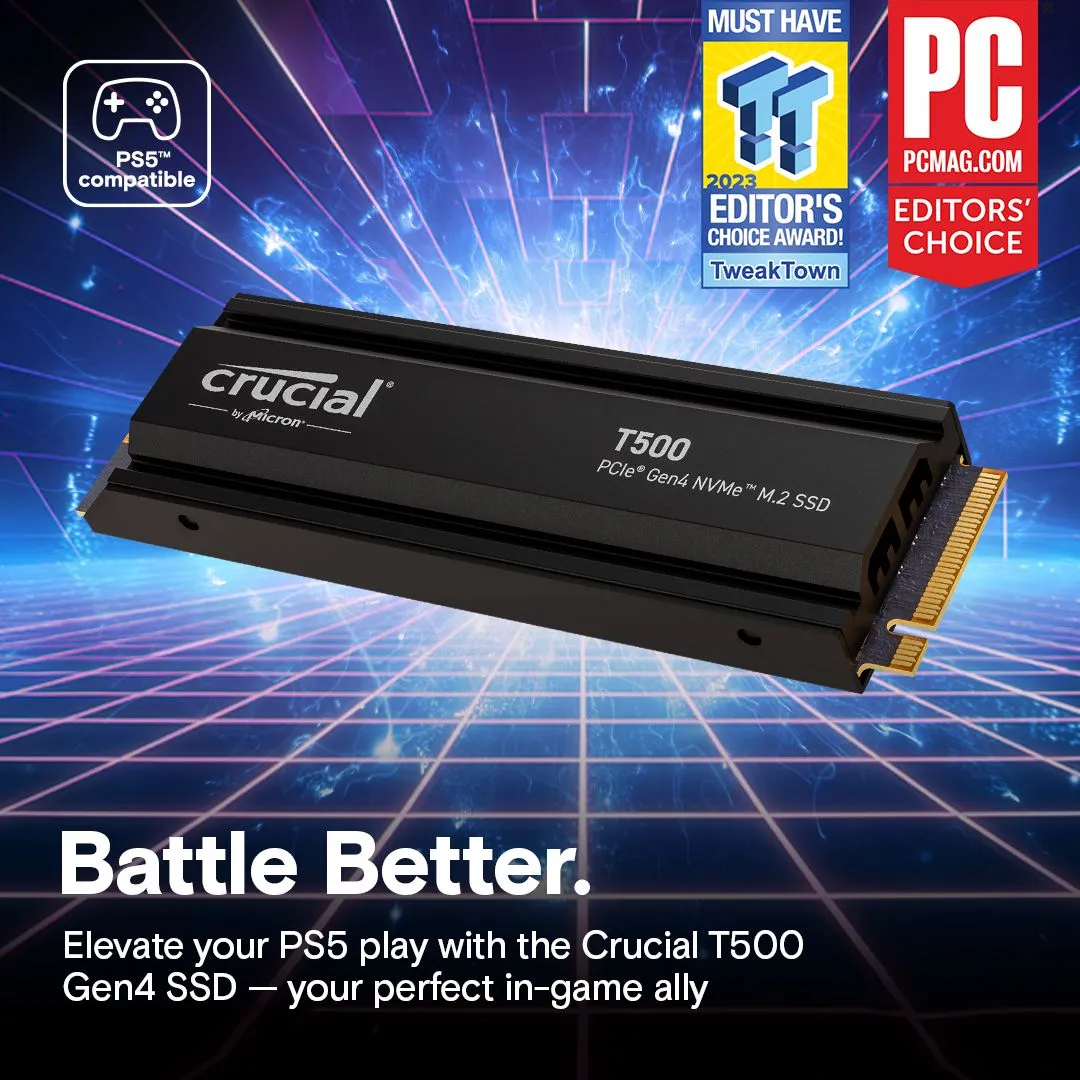 Crucial T500 2TB PCIe Gen4 NVMe M.2 SSD with heatsink