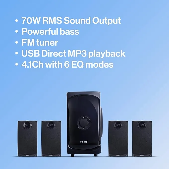 Philips Audio TAV7477 4.1 Channel 75W Bluetooth Multimedia Speaker System with 2x15W & 2x5W Satellite Speakers