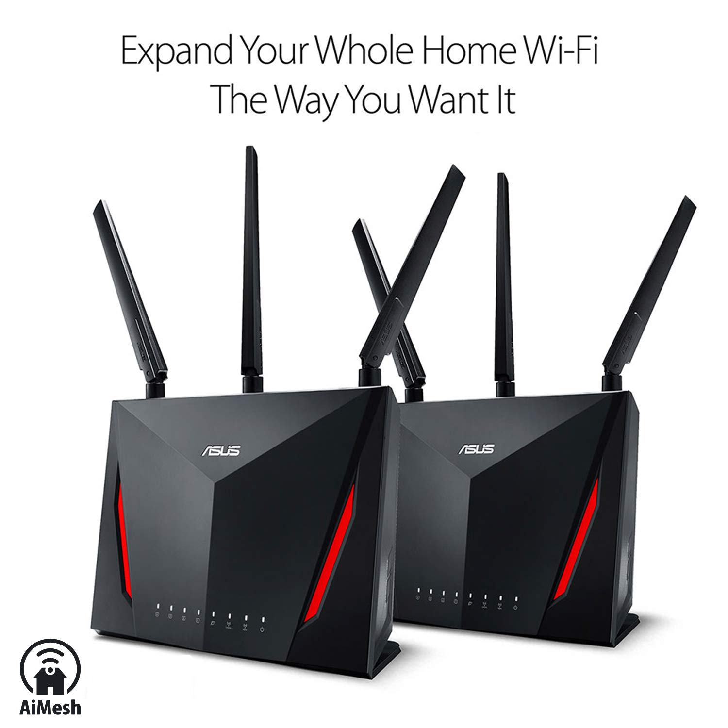 Asus RT-AC86U (2 Pack) AiMesh AC2900 Dual Band WiFi System (Black) for Large Homes, AiProtection Pro Network Security Powered by Trend Micro, Adaptive QoS