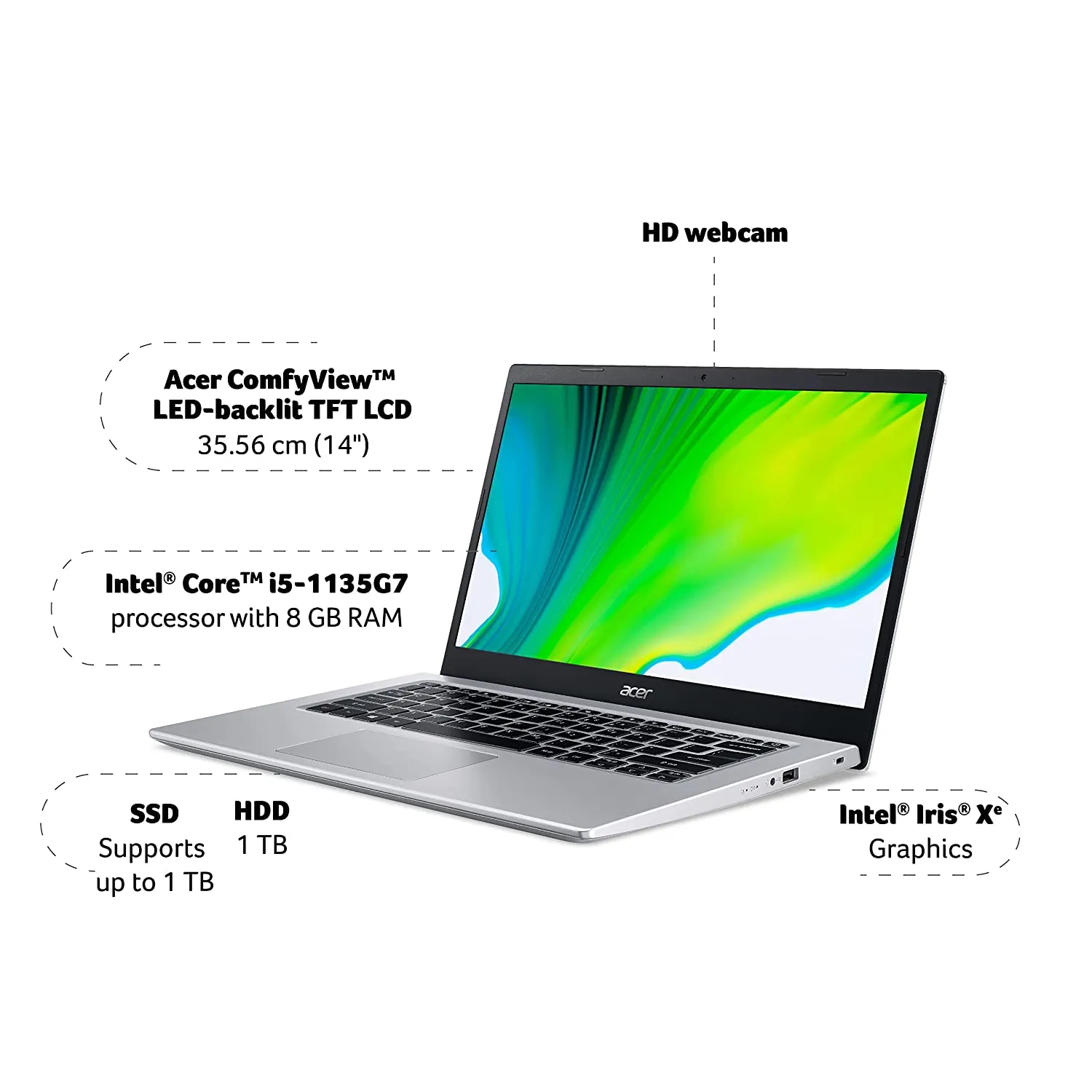 Acer Aspire 5 A514-54 14 inches Full HD IPS Display 11th Gen Intel Core i5-1135G7 Processor Thin and Light Laptop (8GB DDR4 1TB HDD WiFi 6, Windows 11 Home HD Webcam, Pure Silver,